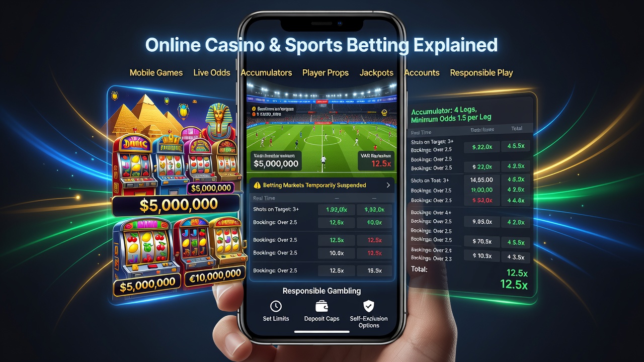 Online Casino and Sports Betting Explained: Mobile Games, Live Odds, Accumulators, Player Props, Jackpots, Accounts and Responsible Play